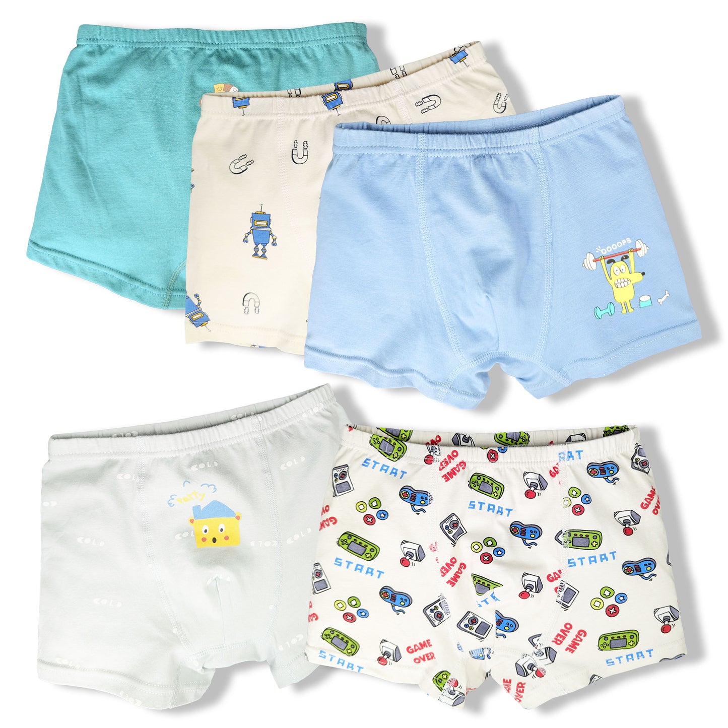 Moon Under the Bridge Boys' Soft Cotton Boxer Shorts Underwear Pack of 5 - Mix Design