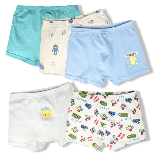 Moon Under the Bridge Boys' Soft Cotton Boxer Shorts Underwear Pack of 5 - Mix Design